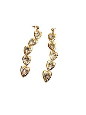 Polished Gold & Crystal Dangle Hearts Long Post Back Earrings​